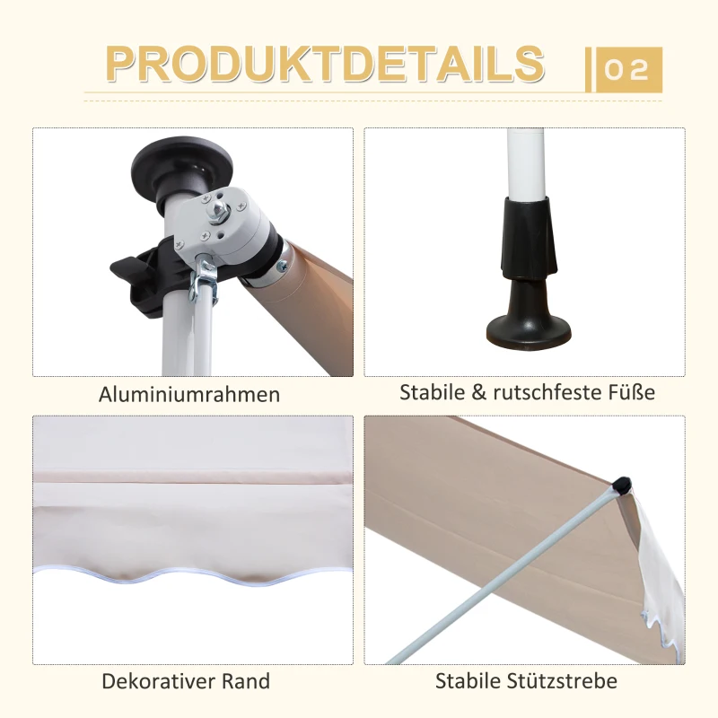 Outsunny Luifel opklaparm klem luifel zonwering handslinger balkon aluminium 2 x 1,2 m creme