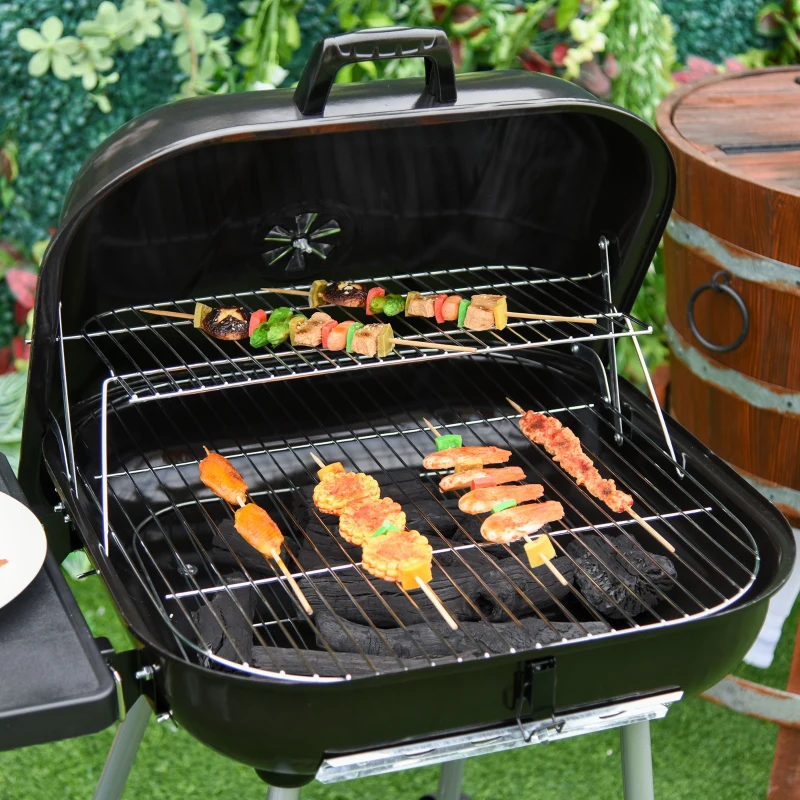 Grill węglowy grill na kółkach grill ogrodowy grill stojący z ochroną przed wiatrem 2 półki