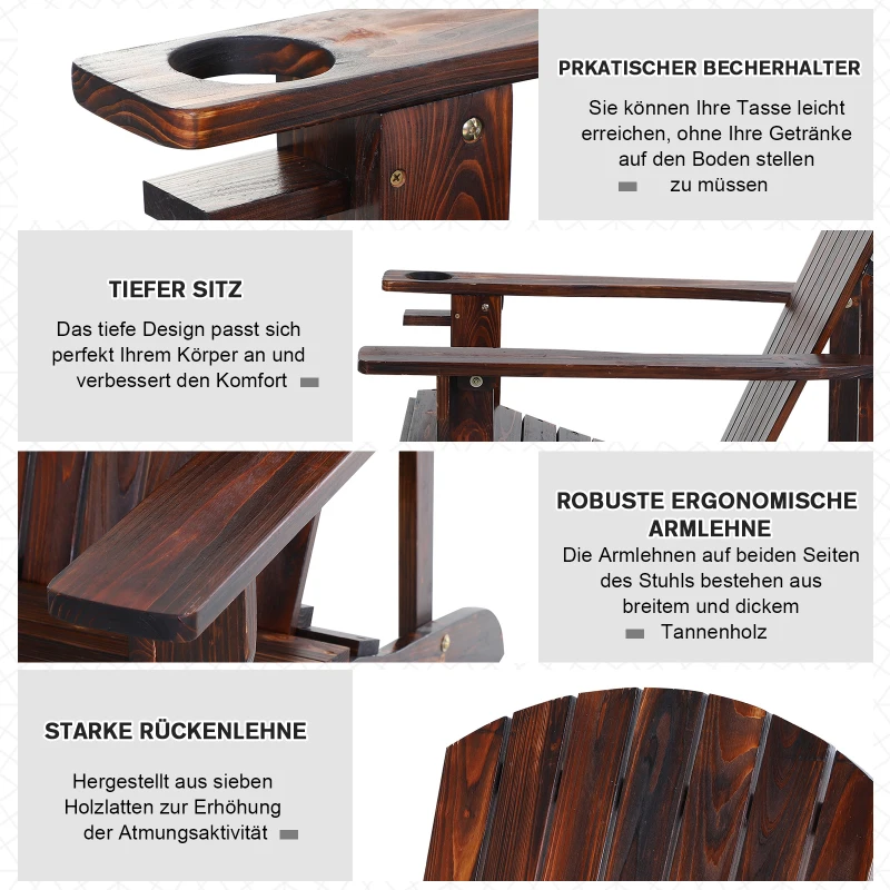 Outsunny Adirondack tuinstoel ligbank voor buiten tuinmeubel balkonstoel massief hout verkoold