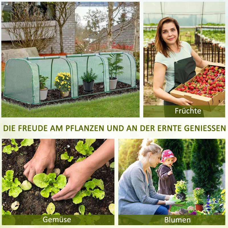 Outsunny Foliengewächshaus Gewächshaus Treibhaus mit Tür Frühbeet Pflanzenhaus Pflanzenaufzucht Folie Stahl PVC Grün 296 x 100 x 80 cm