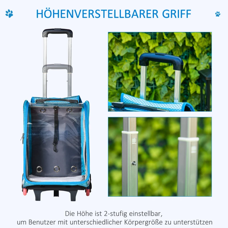 PawHut 2-in-1 DESIGN trolley rugzak transporttas reistas met wielen huisdier trolley trekstang 2 verstelbare standen oxford stof blauw 33 x 27 x 42 cm