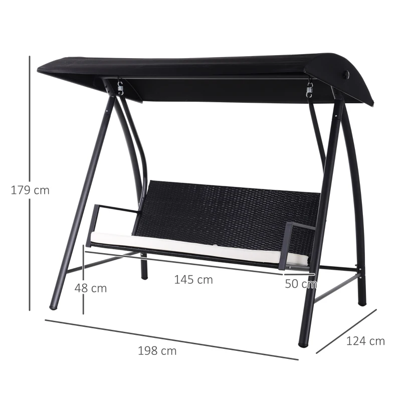 Outsunny Hollywood schommel poly-rotan schommel 3-zits tuinschommel met dak zwart