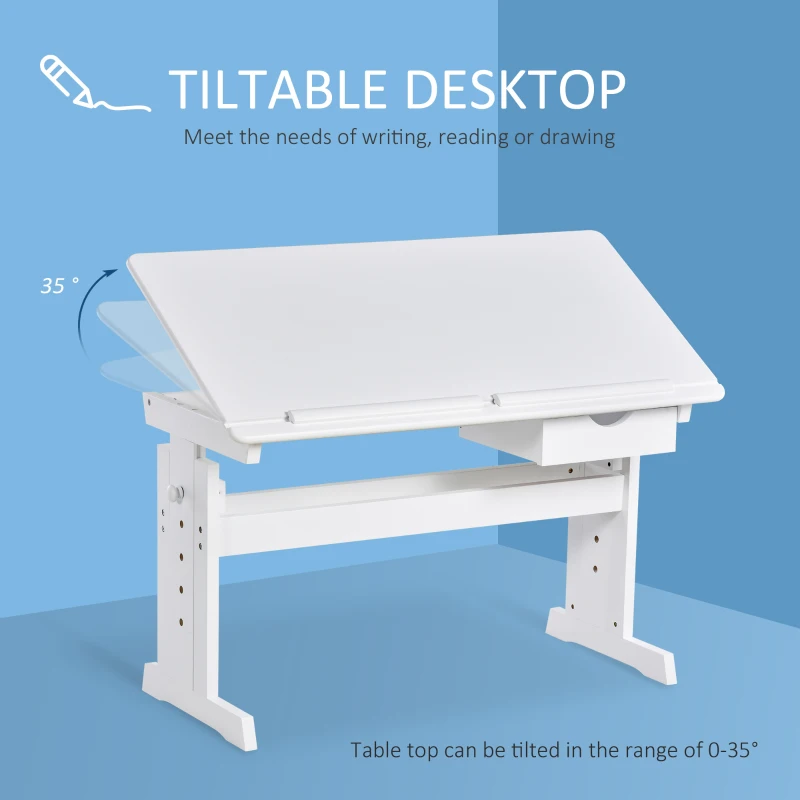 HOMCOM Adjustable Height Study Desk for Students Computer Desk, Home Learning Center Desk with Tilting Desktop and Storage Drawer, White