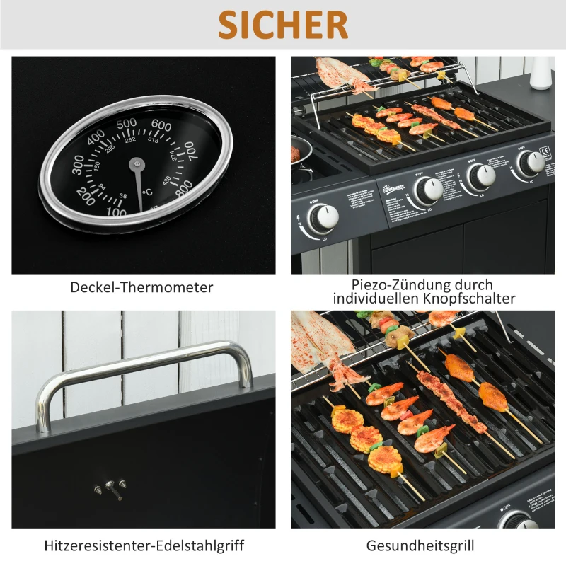 Outsunny gasgrill BBQ met 4 branders metaal zwart 110 x 50 x 100 cm(m-6)