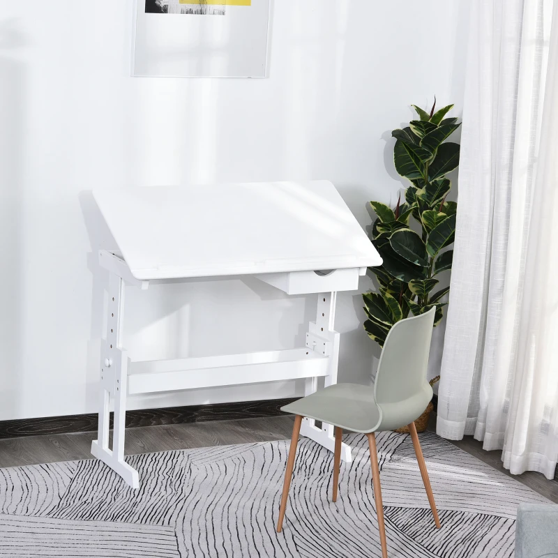 HOMCOM Adjustable Height Study Desk for Students Computer Desk, Home Learning Center Desk with Tilting Desktop and Storage Drawer, White
