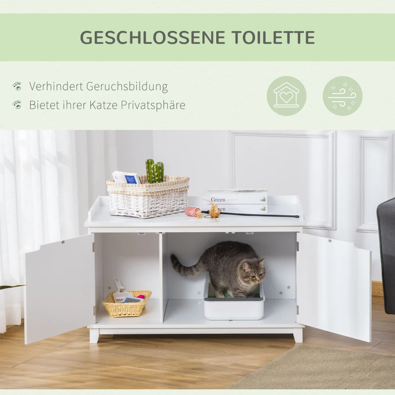 PawHut Katzenschrank für Katzentoilette Katzenklo Katzenhaus Katzenkommode Katzenhöhle mit Trennwand Schrank Weiß 95,4 x 54 x 57,5 cm