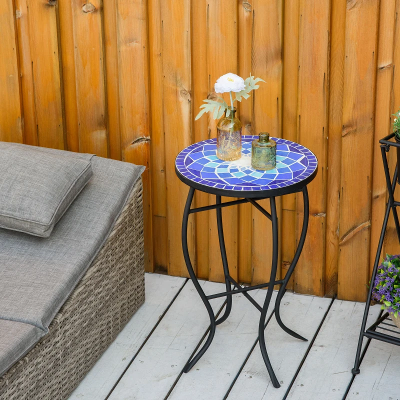 Outsunny Ø 35,5 cm stolik kawowy ogrodowy odporny na warunki pogodowe mozaika, żelazo, kolor: niebieski+biały