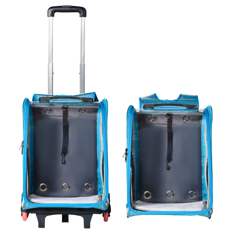 PawHut 2-in-1 DESIGN trolley rugzak transporttas reistas met wielen huisdier trolley trekstang 2 verstelbare standen oxford stof blauw 33 x 27 x 42 cm