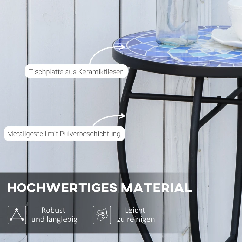 Outsunny Ø 35,5 cm stolik kawowy ogrodowy odporny na warunki pogodowe mozaika, żelazo, kolor: niebieski+biały
