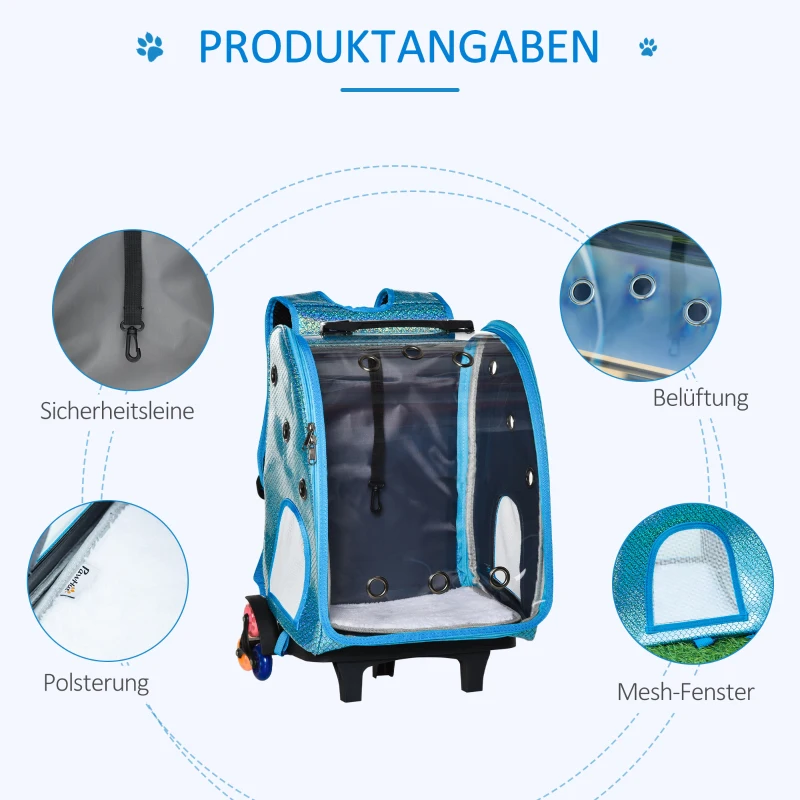 PawHut 2-in-1 DESIGN trolley rugzak transporttas reistas met wielen huisdier trolley trekstang 2 verstelbare standen oxford stof blauw 33 x 27 x 42 cm