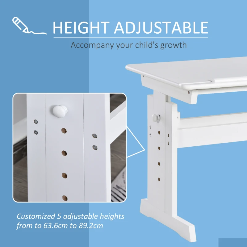 HOMCOM Adjustable Height Study Desk for Students Computer Desk, Home Learning Center Desk with Tilting Desktop and Storage Drawer, White