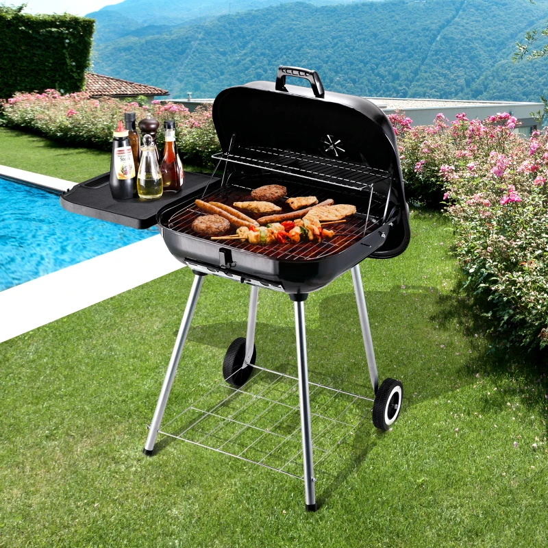 Grill węglowy grill na kółkach grill ogrodowy grill stojący z ochroną przed wiatrem 2 półki