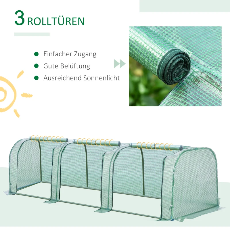 Outsunny Foliengewächshaus Gewächshaus Treibhaus mit Tür Frühbeet Pflanzenhaus Pflanzenaufzucht Folie Stahl PVC Grün 296 x 100 x 80 cm