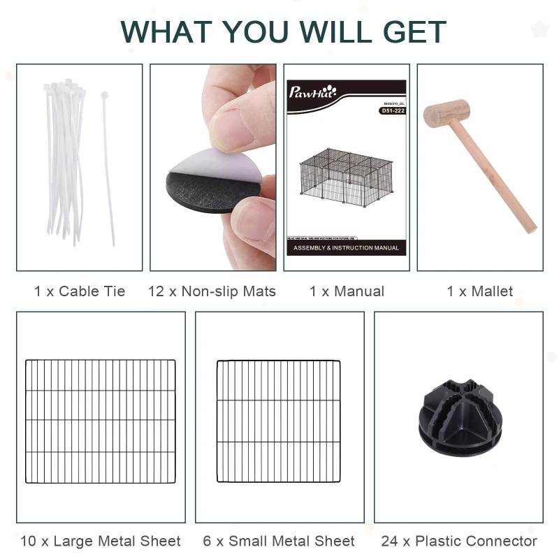 PawHut Pet Playpen DIY Small Animal Cage Metal Wire Yard Fence Playhouse with Door Non-slip Pad Indoor Outdoor for Kitten Bunny Chinchilla Guinea Pig