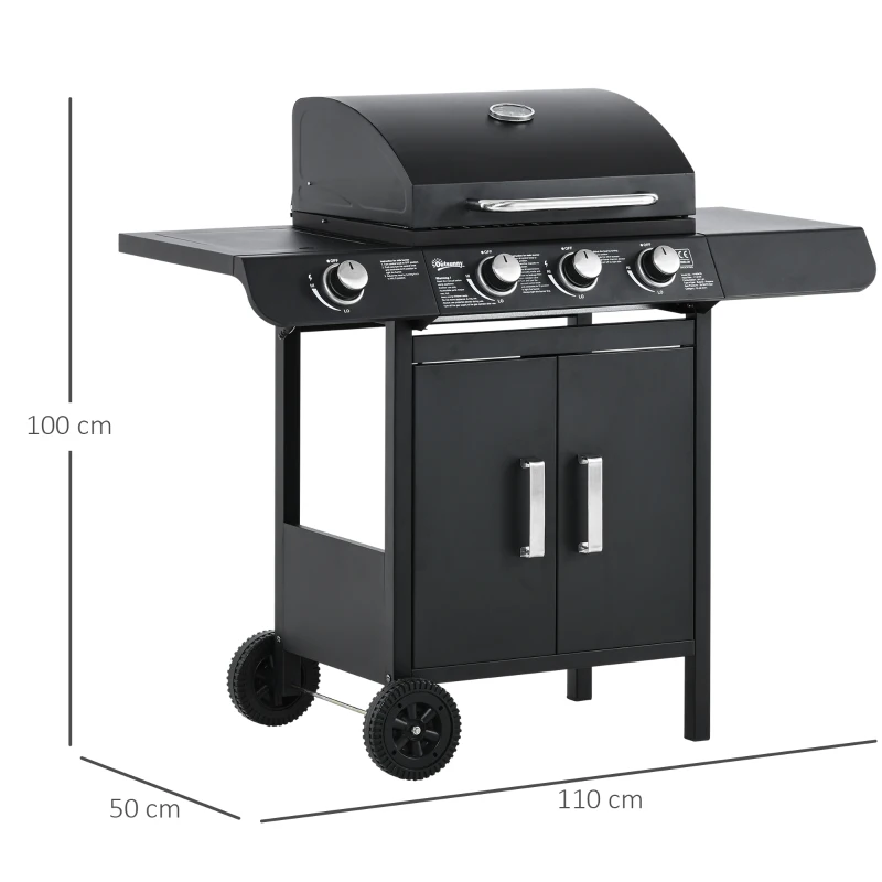 Outsunny gasgrill BBQ met 4 branders metaal zwart 110 x 50 x 100 cm(m-3)