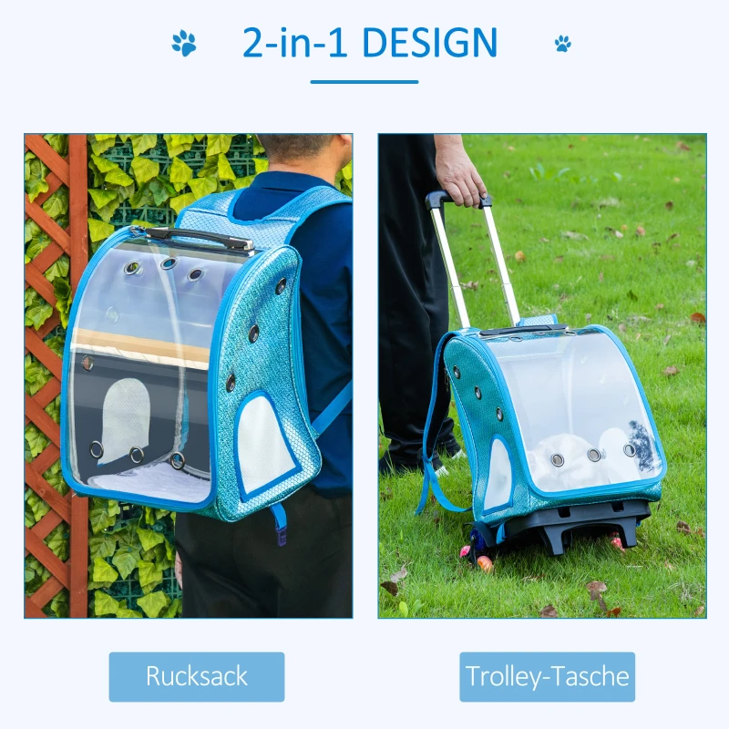 Pawhut Haustiertrolley 2 in 1 Design Haustierrucksack Sicherheitsleine Oxfordstoff Blau