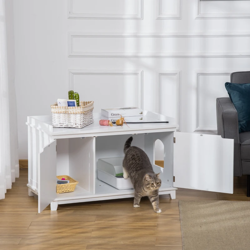 PawHut Katzenschrank für Katzentoilette Katzenklo Katzenhaus Katzenkommode Katzenhöhle mit Trennwand Schrank Weiß 95,4 x 54 x 57,5 cm