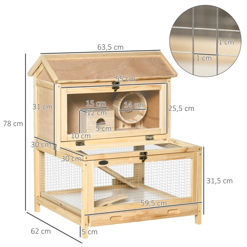 PawHut 2 Tiers Wooden Hamster Cage, Small Animal Cage Hutch with Pull-Out Tray, Openable Top, Ladder, Seesaw, Running Wheel