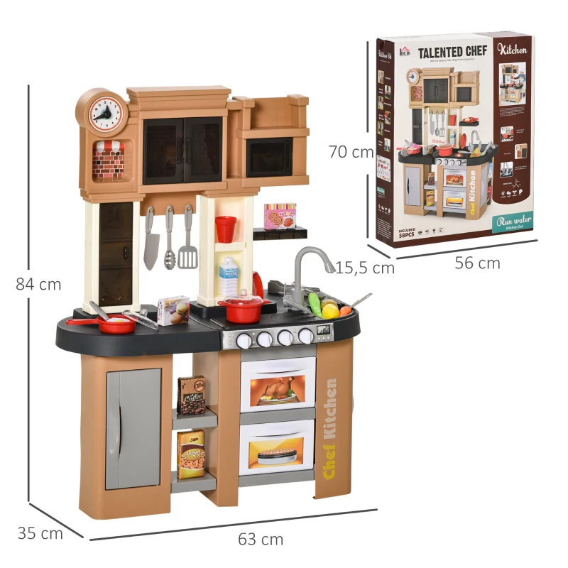 HOMCOM 58 PCS Kids Kitchen Play Cooking Toy Set, Educational Pretend Role Playset Game with Water Circulation, Light, Sound, Sink, Vegetable, Dish, Oven, Gifts for Girls Boys, 3-6 Years Old