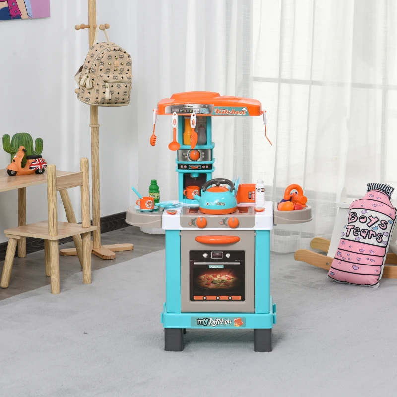 HOMCOM Kids Kitchen Play Set Children Chef Play Game Toy Cook Bake Boil w/ 33Pc Toy Accessories, Light, Sound - Blue