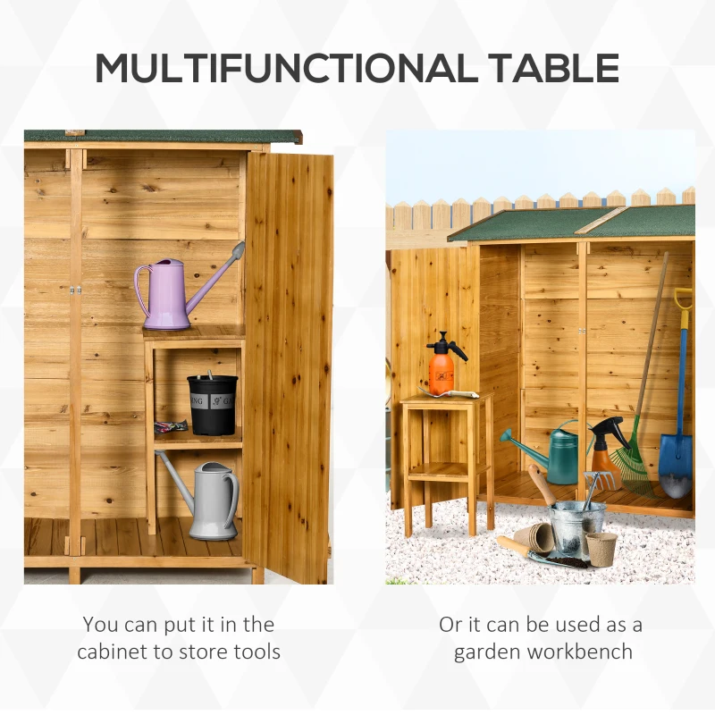 Outsunny Garden Wood Storage Shed w/ Flexible Table, Hooks and Ground Nails, Multifunction Lockable Sheds & Outdoor Asphalt Roof Tool Organizer, 139 x 75 x 160cm, Natural