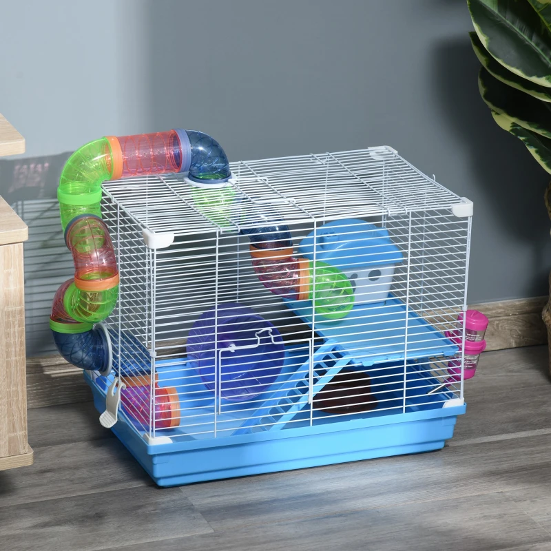 Pawhut 2 Tier Hamster Cage Carrier Habitat Small Animal House with Exercise Wheels Tunnel Tube Water Bottle Dishes House Ladder for Dwarf Mice, Blue