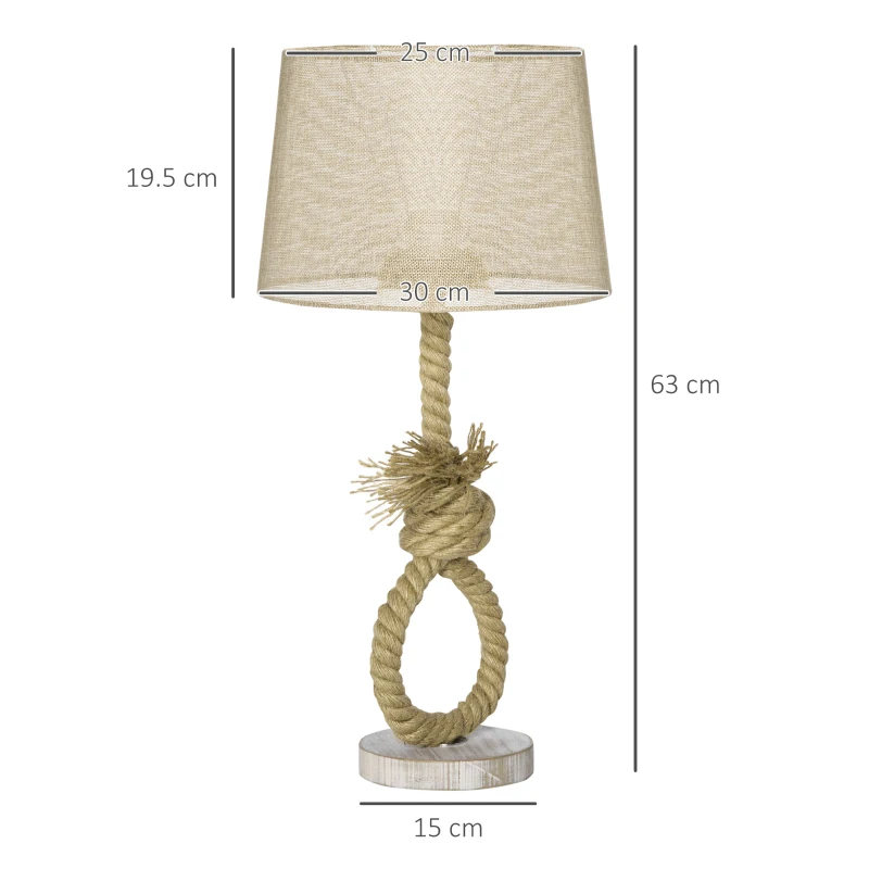 HOMCOM Nautical Table Lamp, Farmhouse Bedside Lamp with Knotted Rope and Fabric Lampshade for Bedroom, Study, Living Room, Beige