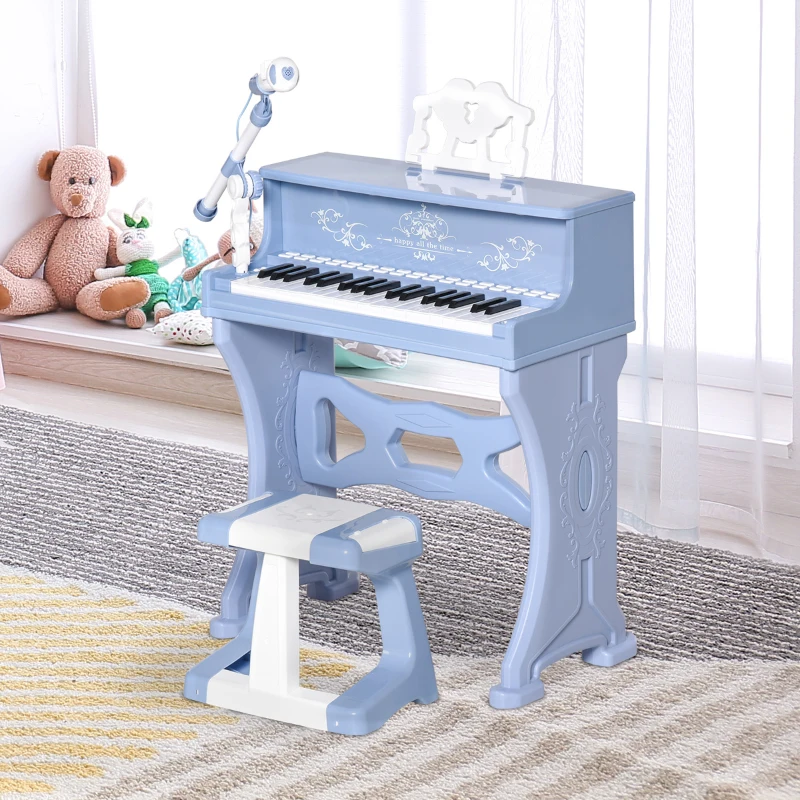 HOMCOM 37 Keys Kids Piano Mini Electronic Keyboard Light Kids Musical Instrument Educational Game Children Grand Piano Toy Set w/Stool & Microphone & Music Stand (Blue)