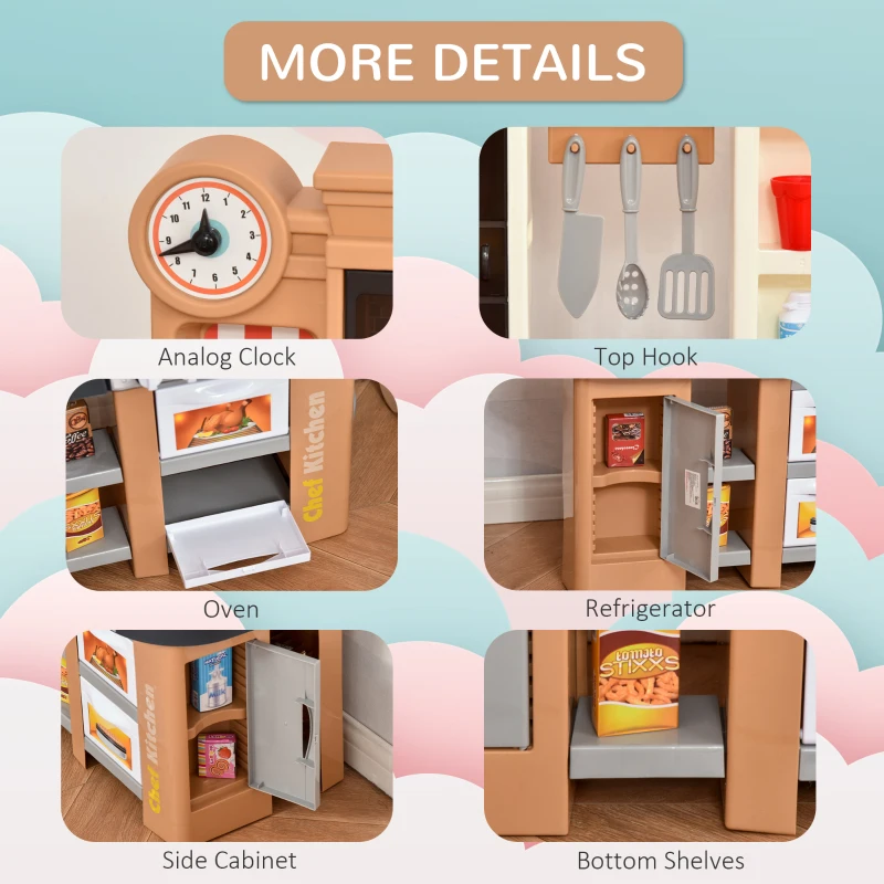 HOMCOM 58 PCS Kids Kitchen Play Cooking Toy Set, Educational Pretend Role Playset Game with Water Circulation, Light, Sound, Sink, Vegetable, Dish, Oven, Gifts for Girls Boys, 3-6 Years Old