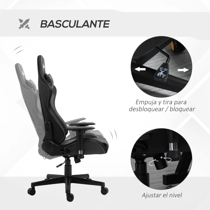 Vinsetto Silla Gaming Ergonómica Silla de Escritorio Giratoria Reclinable Ajustable en Altura con Reposabrazos 2D Luz LED Interfaz USB Reposacabezas y Cojín Lumbar PU 68x68x126-136 cm Negro