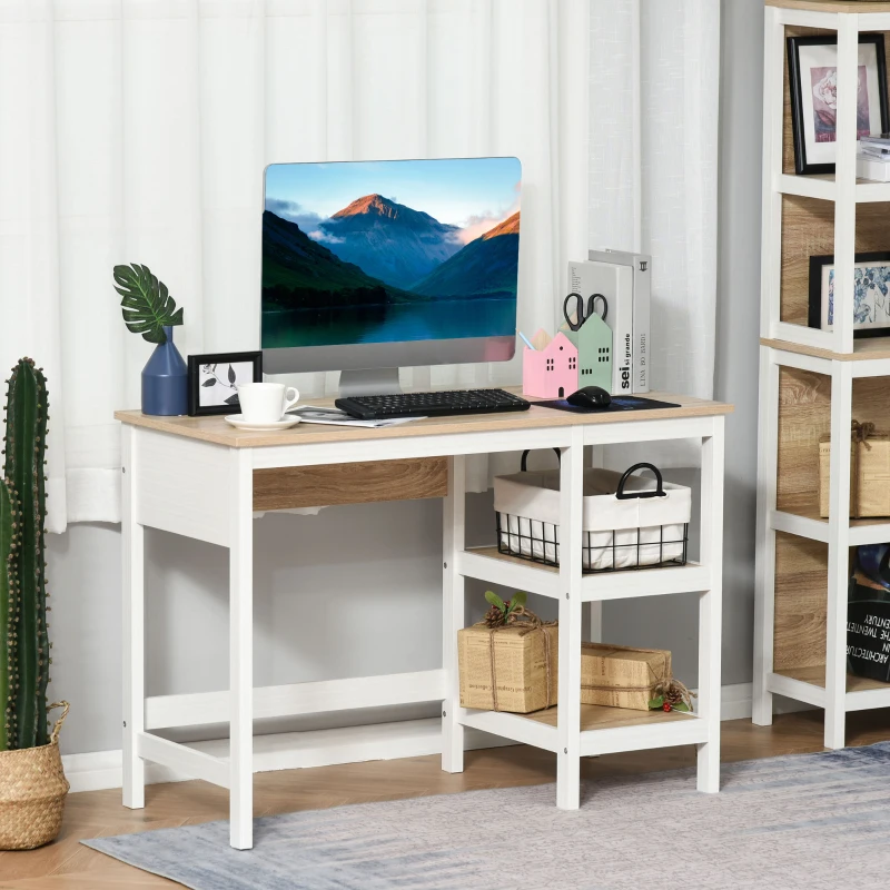 HOMCOM Computer Desk with Display Shelves Home Office Table Workstation, Oak and White Wood Grain