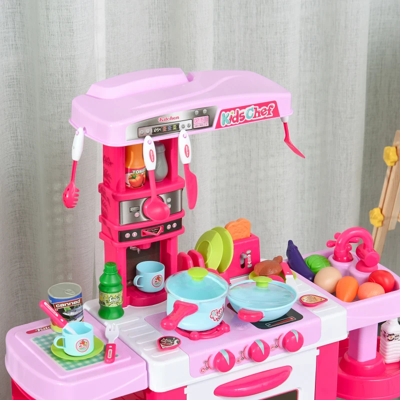 HOMCOM 38 Pcs Kids Children Kitchen Play Set w/ Realistic Sounds Lights Food Utensils Pots Pans Appliances Toy Game Pink