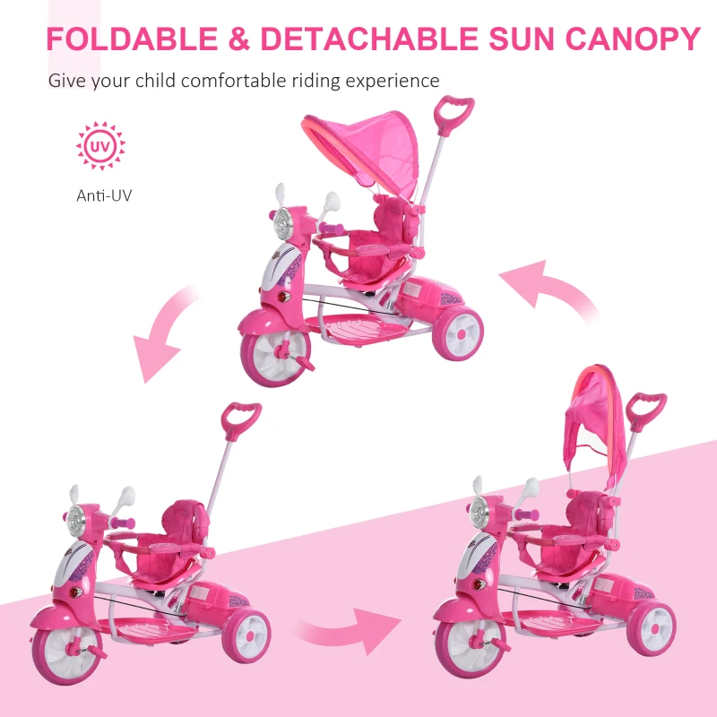 HOMCOM Children Tricycle for 3-8 Years Old kids 3 Wheel Removable Motorcycle Foldable Toddler Bike with Sunshade Music Lightening Battery powered Bike Pink