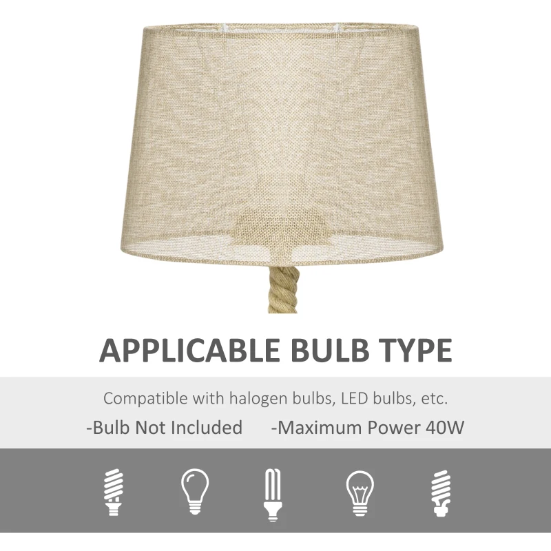 HOMCOM Nautical Table Lamp, Farmhouse Bedside Lamp with Knotted Rope and Fabric Lampshade for Bedroom, Study, Living Room, Beige