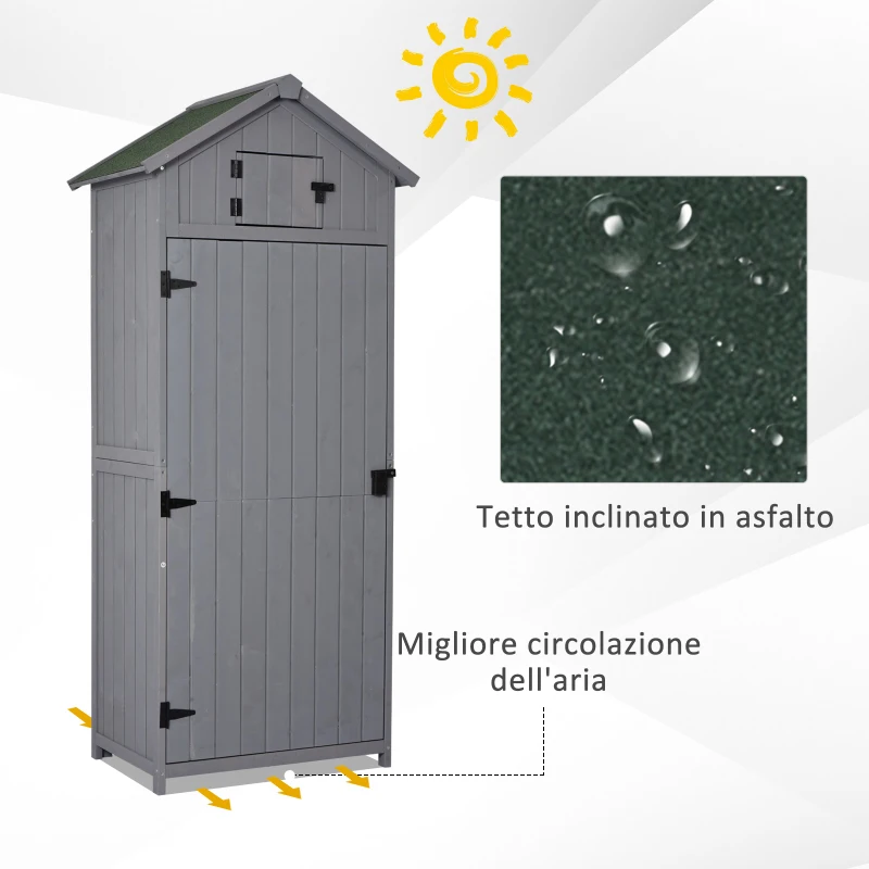 Outsunny Casetta in Legno da Giardino con Tetto Impermeabile, Armadio da Esterno Porta Attrezzi da Giardino con 3 Mensole, 77×54.2×179cm