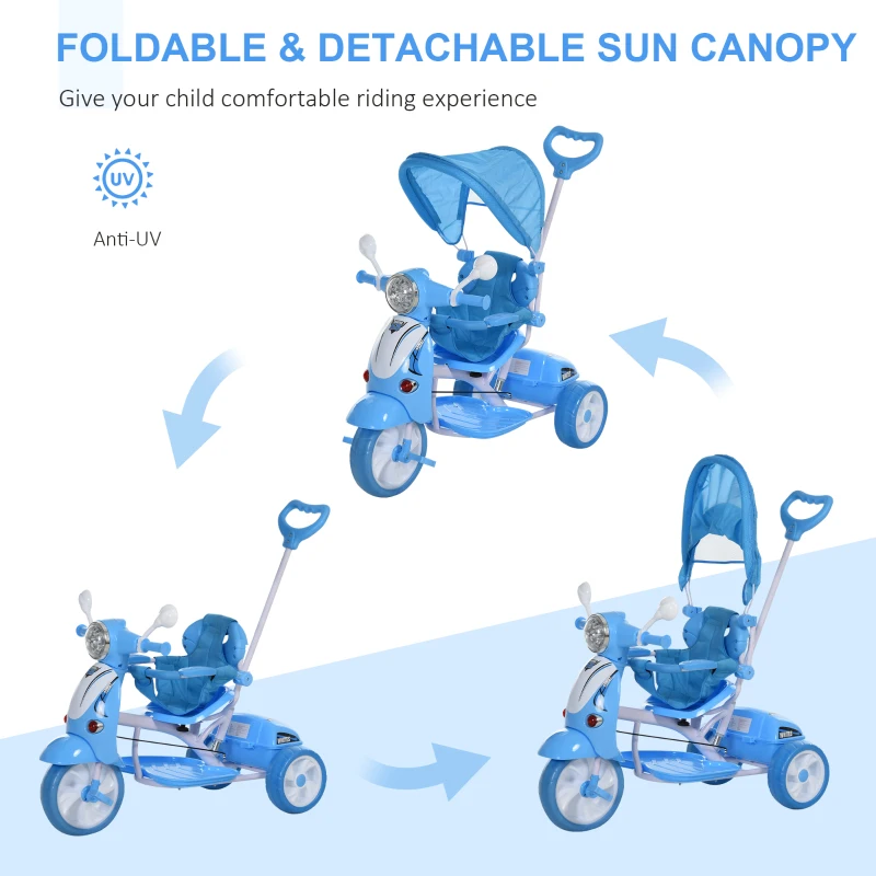 HOMCOM Children Tricycle for 3-8 Years Old kids 3 Wheel Removable Motorcycle Foldable Toddler Bike with Sunshade Music Lightening Battery powered Bike Blue