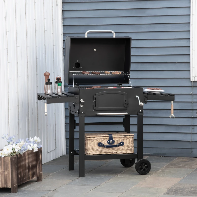 Outsunny Charcoal Grill BBQ Trolley with Adjustable Charcoal Height, Garden Smoker Barbecue with Folding Shelves, Thermometer on Lid, Bottle Opener, and Wheels
