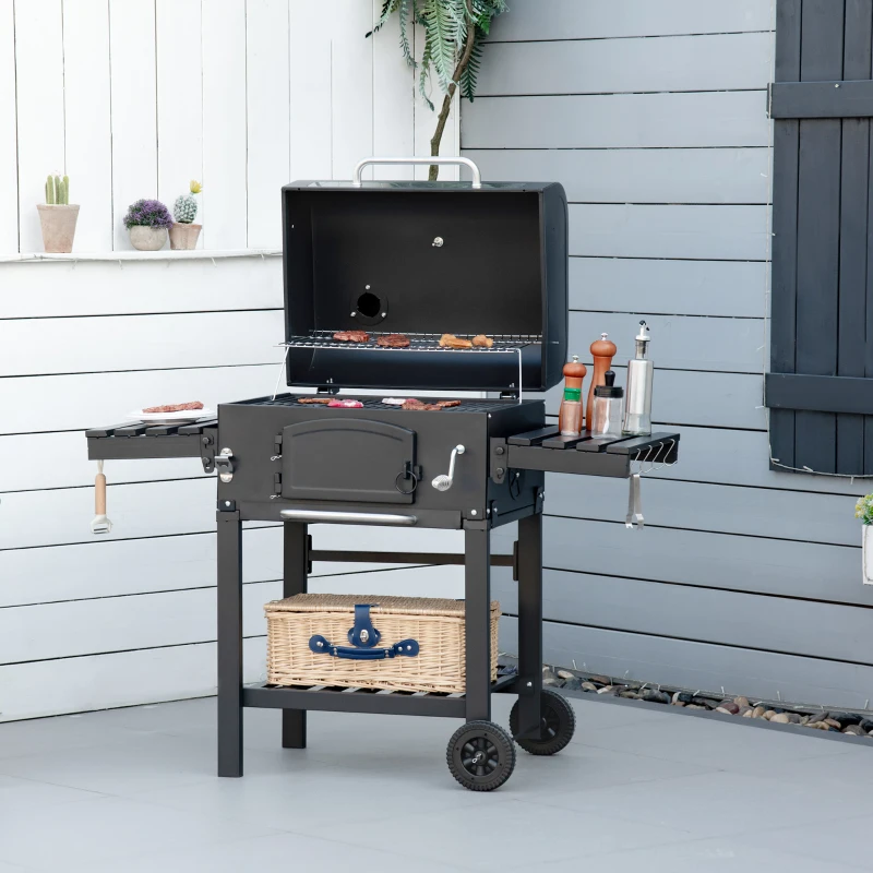 Outsunny Charcoal Grill BBQ Trolley with Adjustable Charcoal Height, Garden Smoker Barbecue with Folding Shelves, Thermometer on Lid, Bottle Opener, and Wheels