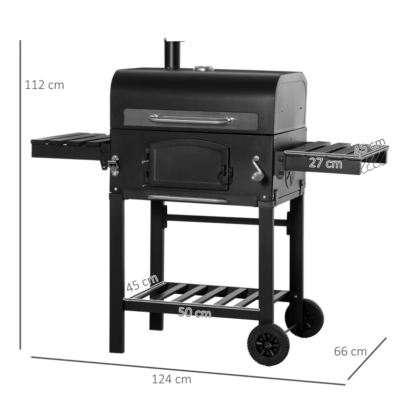 Outsunny Charcoal Grill BBQ Trolley with Adjustable Charcoal Height, Garden Smoker Barbecue with Folding Shelves, Thermometer on Lid, Bottle Opener, and Wheels