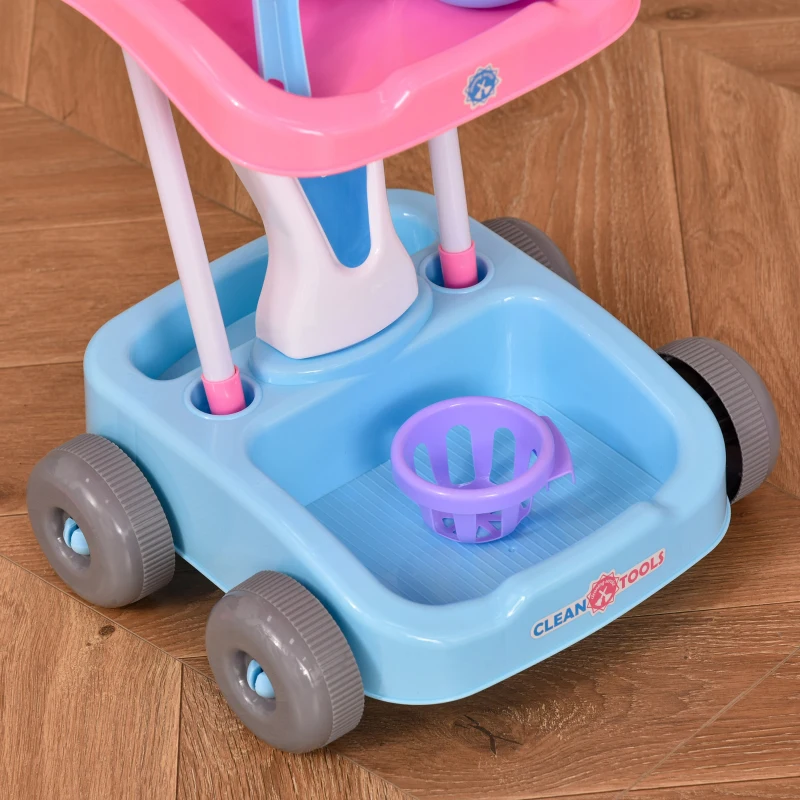 HOMCOM 23 PCS Kids Toy Cleaning Trolley Set Pretend Play Kit, Little Helper Tools, Sweeper Robert w/ Music & Light, Includes Broom, Mop, Bucket for 3-6 Years