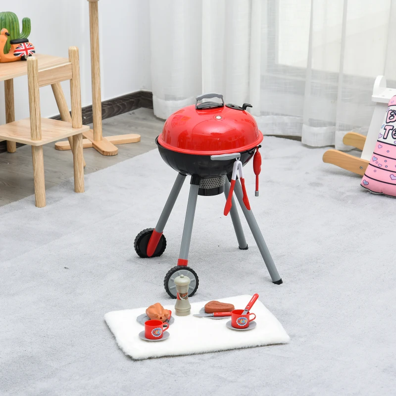 HOMCOM Kids BBQ Play Set Children Role Play Game Toy Cook BBQ Carbon Grill Storage 39Pcs Toy Accessories, Adjustable Light, Sound - Red- 3 years+