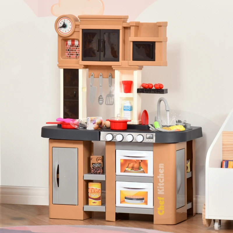 HOMCOM 58 PCS Kids Kitchen Play Cooking Toy Set, Educational Pretend Role Playset Game with Water Circulation, Light, Sound, Sink, Vegetable, Dish, Oven, Gifts for Girls Boys, 3-6 Years Old