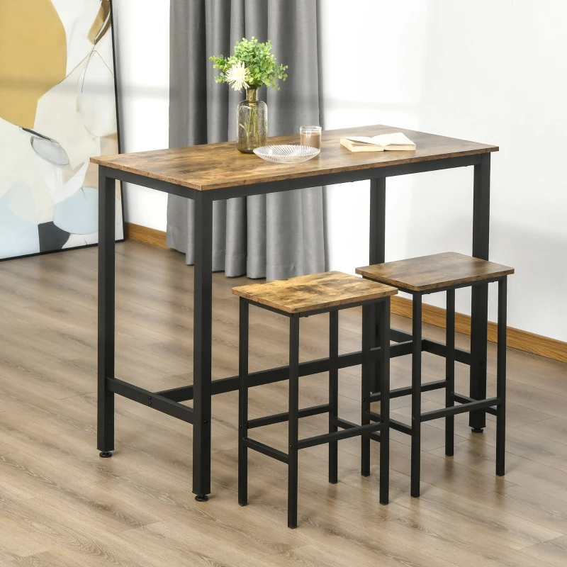 HOMCOM Industrial Bar Table Set, Breakfast Table with 2 Stools, 3-Piece Counter Height Dining Table & Chairs for Kitchen, Living Room, Rustic Brown