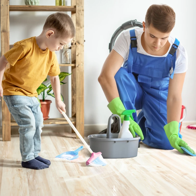 HOMCOM 23 PCS Kids Toy Cleaning Trolley Set Pretend Play Kit, Little Helper Tools, Sweeper Robert w/ Music & Light, Includes Broom, Mop, Bucket for 3-6 Years