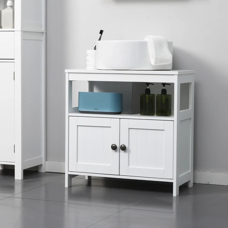 kleankin Pedestal Under Sink Cabinet with Double Doors, Modern Bathroom Vanity Storage Unit with Shelves, White