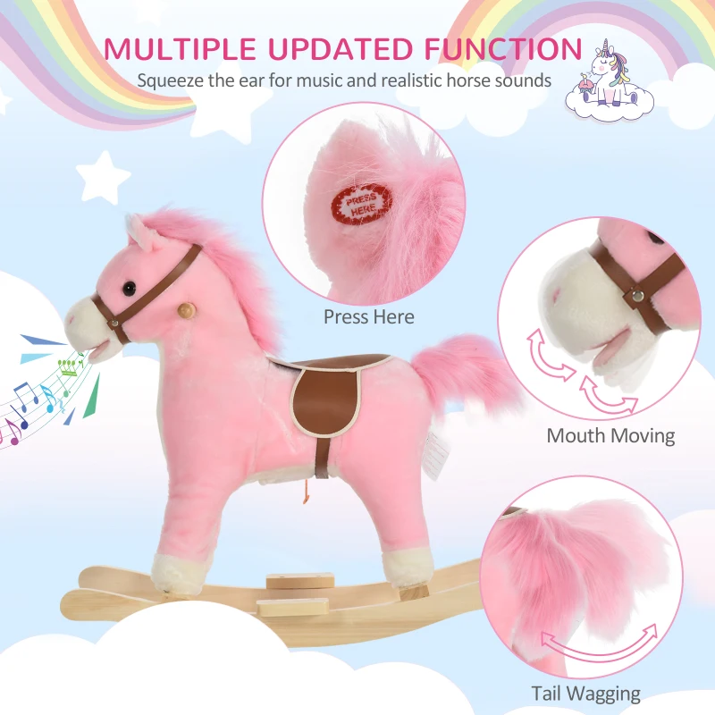 HOMCOM Kids Plush Rocking Horse w/ Sound Moving Mouth Wagging Tail Children Rocker Ride On Toy Gift 36 - 72 Months Pink