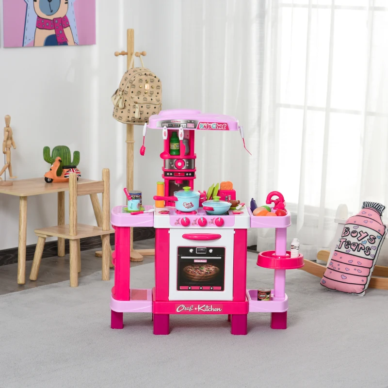 HOMCOM 38 Pcs Kids Children Kitchen Play Set w/ Realistic Sounds Lights Food Utensils Pots Pans Appliances Toy Game Pink