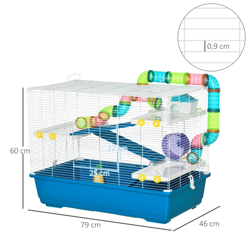 PawHut Large Hamster Cage with Tubes, Multilevel Rodent House with Exercise Wheel, Gerbil Cage with Water Bottle, Food Dish, Ramps 79 cm x 46 cm x 60 cm- Blue