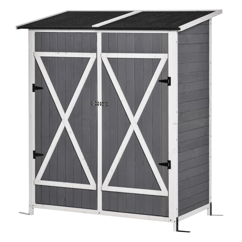 Outsunny Casetta da Giardino Porta Utensili in legno, Doppia Porta con Blocco e Tavolo Rimovibile, 139x75x160cm, Grigio