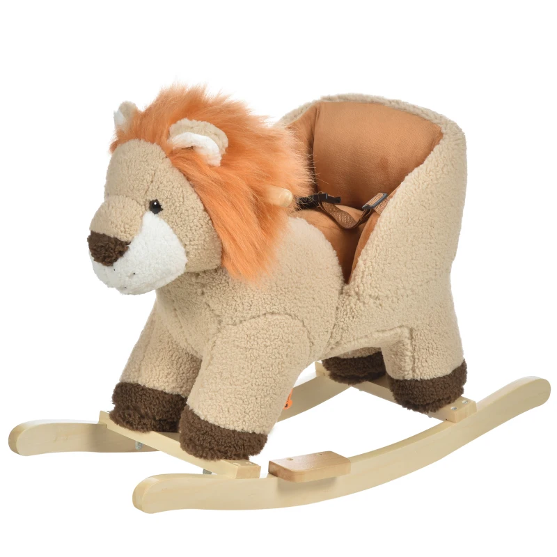 HOMCOM Kids Children Rocking Horse Plush Ride On Lion Seat w/ Sound Wood Base Seat Safety Belt Toddler Baby Toy for 18-36 Months Brown